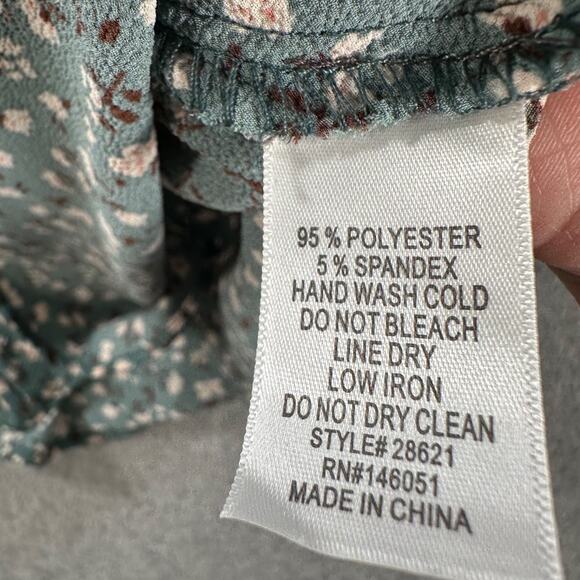 Monteau Floral V-Neck Blouse Women's Medium Blue Short Sleeve Bow Ruched - Picture 7 of 8